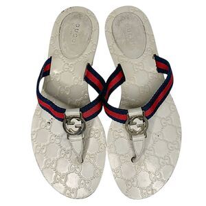 Gucci GG Web Stripe Thong Sandals EU 38.5 US 8.5 White Flip Flop Slide Flat Heel
